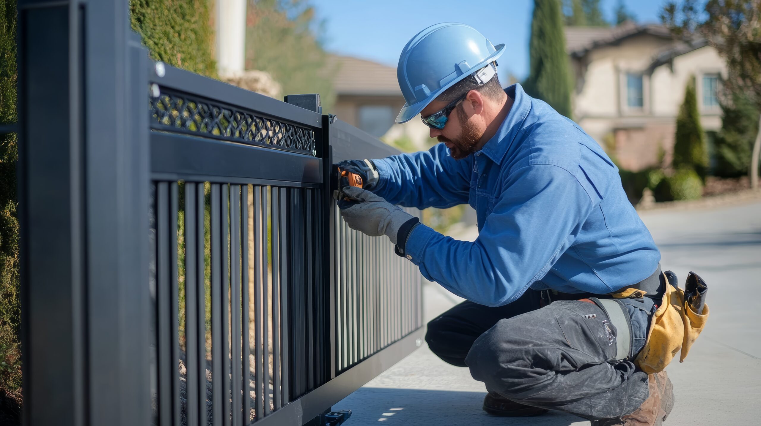 Technician installing an automatic gate at a residential property driveway